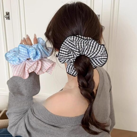 Large Gingham Hair Scrunchies Set 3 pcs Elastic Soft Durable Style main image 6